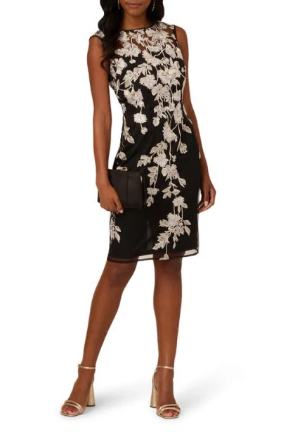 Adrianna Papell Sleeveless Illusion Floral Embroidery Sheath Dress In Black Ivory In Multi