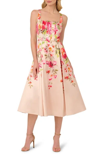 Adrianna Papell Border Floral Mikado Cocktail Dress In Champagne Multi