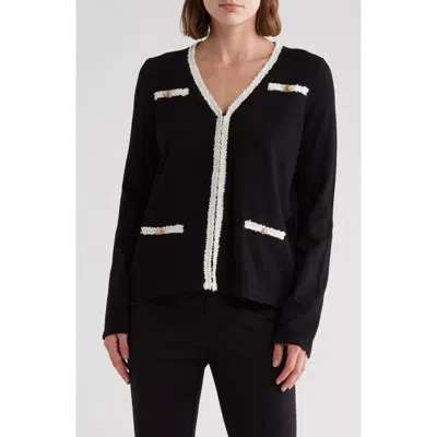 Adrianna Papell Boucle Trim V-neck Cardigan In Black