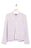 Adrianna Papell Boucle Trim V-neck Cardigan In Orchid Petal/ Cream