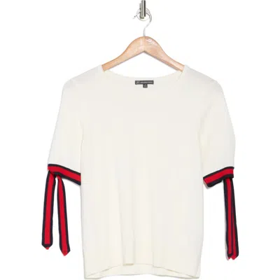 Adrianna Papell Bow Tie Short Sleeve Sweater In White