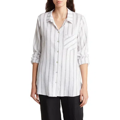 Adrianna Papell Boyfriend Linen Blend Button-up Shirt In White/grey Triple Stripe