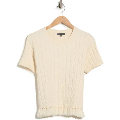 Adrianna Papell Cable Short Sleeve Fringe Hem Sweater In White