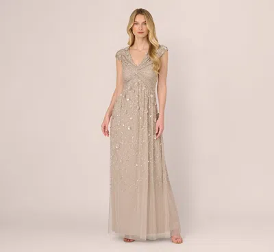 Adrianna Papell Cap Sleeve Beaded Sequin Floral Gown In Marble In Multi