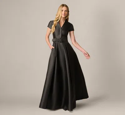 Adrianna Papell Cap Sleeve Belted Mikado Ballgown In Black
