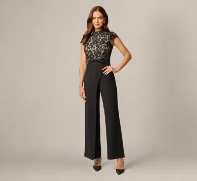 Adrianna Papell Cap Sleeve Bow Waist Lace Combo Jumpsuit In Black Nude In Black/nude