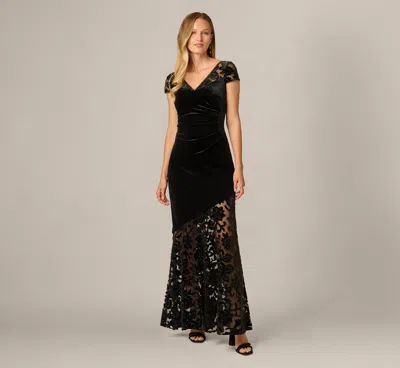 Adrianna Papell Cap Sleeve Floral Burnout Stretch Velvet Illusion Gown In Black