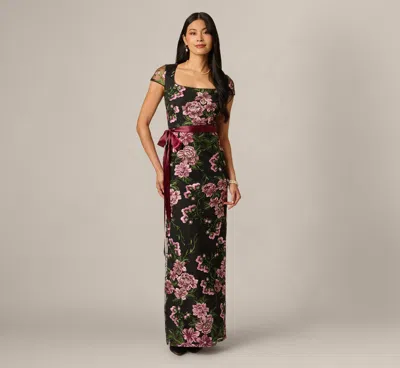 Adrianna Papell Cap Sleeve Square Neck Floral Embroidered Gown In Black Multi