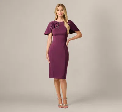 Adrianna Papell Cape Sleeve 3d Floral Stretch Sheath Dress In Pinot Noir In Purple