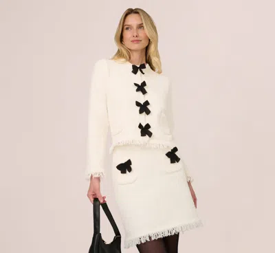 Adrianna Papell Chenille Boucle Bow Cardigan In Ivory Black In Multi