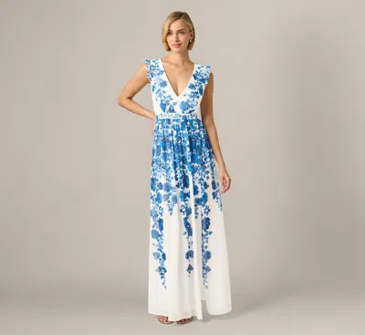 Adrianna Papell Chiffon Floral Vine Border Print Gown In Ivory Blue
