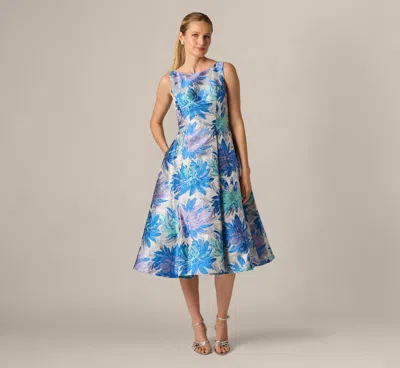 Adrianna Papell Chrysanthemum Floral Jacquard Fit And Flare Tea Length Dress In Blue Multi
