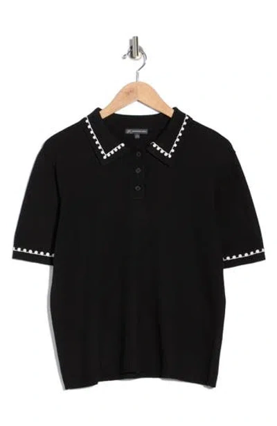 Adrianna Papell Collar Short Sleeve Sweater In Black