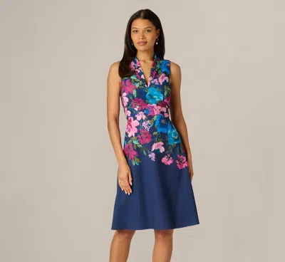 Adrianna Papell Collared Floral Border Twill Midi Dress In Navy Multi