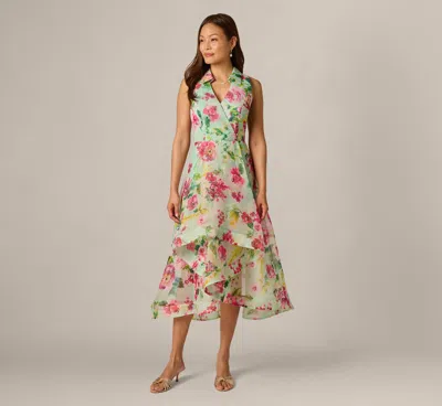 Adrianna Papell Collared Floral Organza High Low Midi Dress In Mint Multi