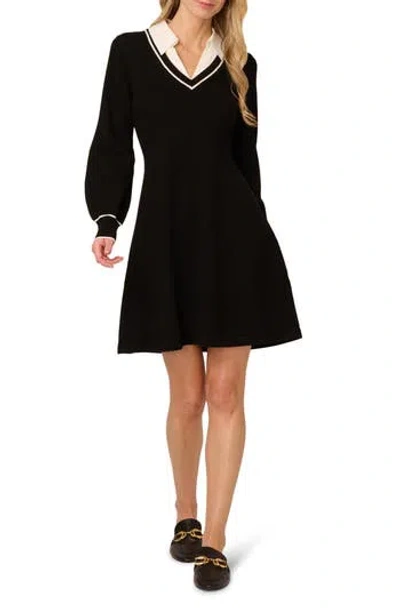 Adrianna Papell Collared Long Sleeve Twofer Sweater Dress In Black