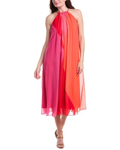 Adrianna Papell Color Block Chiffon Trapeze Dress With Chain Halter Neckline In Red Multi In Orange