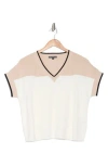 Adrianna Papell Colorblock V-neck Short Sleeve Sweater In Champagne Blush Combo