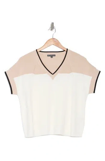 Adrianna Papell Colorblock V-neck Short Sleeve Sweater In Champagne Blush Combo