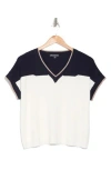 Adrianna Papell Colorblock V-neck Short Sleeve Sweater In Navy Combo