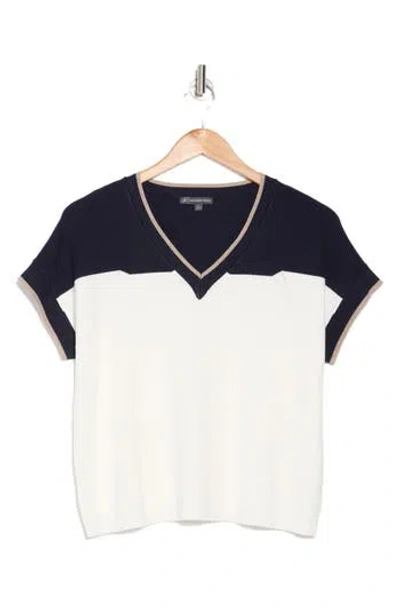 Adrianna Papell Colorblock V-neck Short Sleeve Sweater In Navy Combo