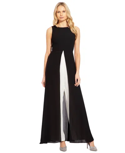 Adrianna Papell Crepe Overlay Jumpsuit In Black,ivory