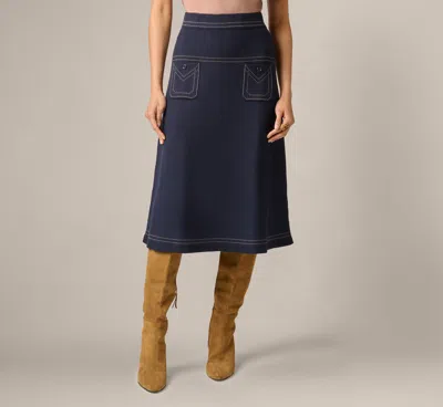 Adrianna Papell Contrast Stitch Knit Midi Skirt In Navy Khaki In Blue