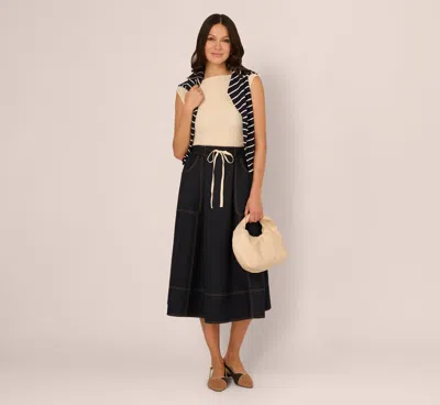 Adrianna Papell Contrast Stitching Drawstring Midi Skirt In Navy Khaki In Neutral