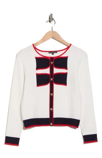 Adrianna Papell Contrast Tipped Bow Sweater In White