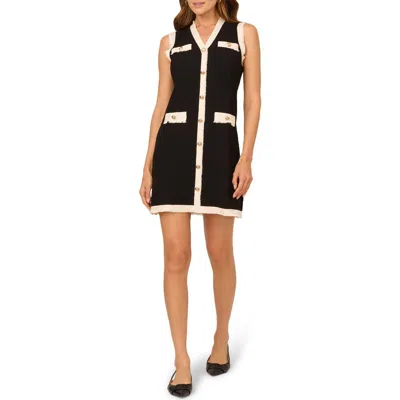 Adrianna Papell Contrast Trim Sleeveless Waffle Knit Sweater Dress In Black