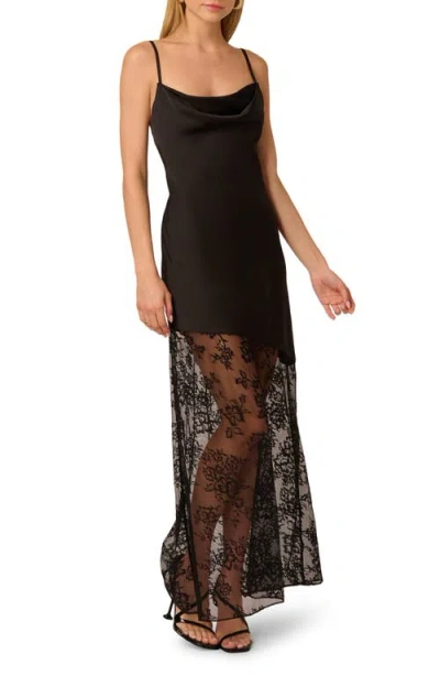 Adrianna Papell Cowl Neck Satin & Lace Maxi Dress In Black