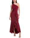 Adrianna Papell Crepe One Shoulder Ruffle Gown In Burgundy