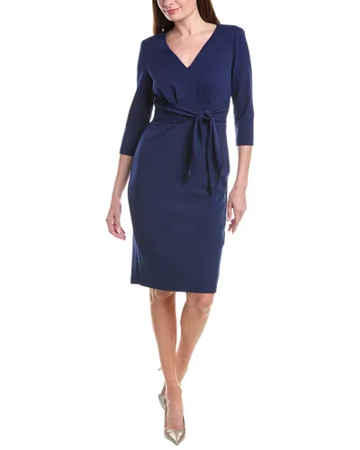 Adrianna Papell Three Quarter Sleeve Pleated Midi Dress With Tie Waist In Navy Sateen In Blue