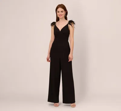 Adrianna Papell Crepe Wide Leg Jumpsuit With Bead And Feather Accents In Black
