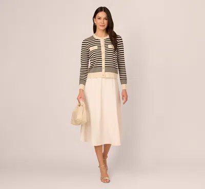 Adrianna Papell Crew Neck Button Front Striped Pointelle Cardigan Sweater In Cream Dark Brown In Multi