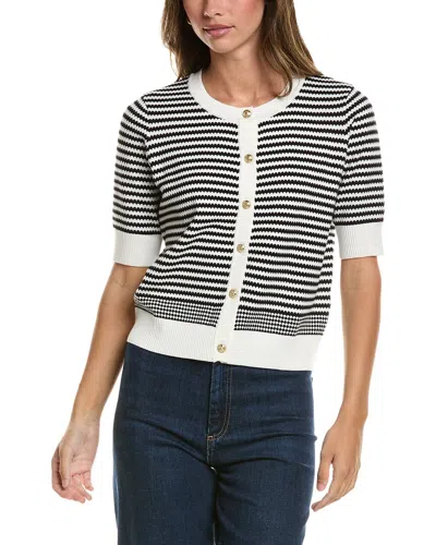 Adrianna Papell Crewneck Button Down Striped Textured Cardigan In White