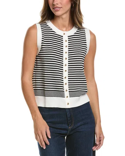 Adrianna Papell Crewneck Striped Button Front Cardigan In White