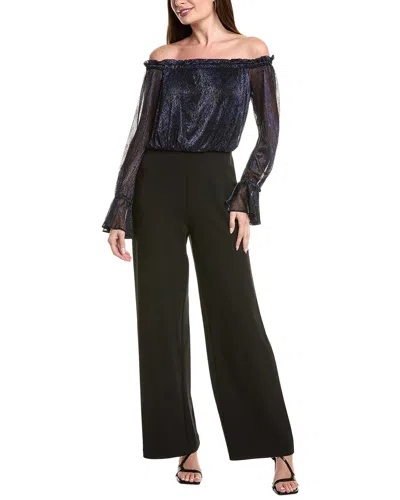 Adrianna Papell Long Sleeve Off Shoulder Metallic Combo Jumpsuit In Navy Black In Multi
