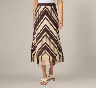 Adrianna Papell Crochet Knit Fringe Midi Skirt In Chocolate Cream In Multi
