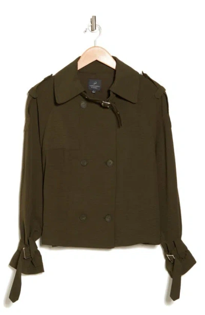 Adrianna Papell Crop Trench Coat In Dark Green