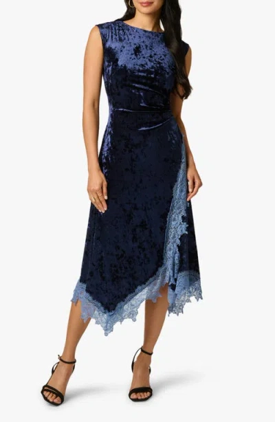 Adrianna Papell Crushed Velvet & Lace Midi Dress In Navy Peony
