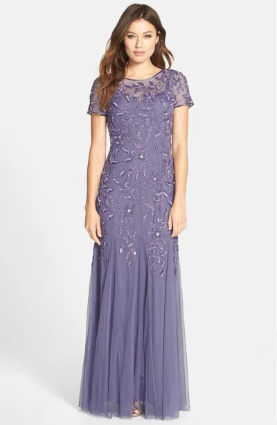 Pre-owned Adrianna Papell Dark Heather Purple Floral Beaded Godet Gown Size 4