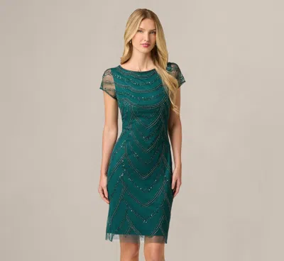 Adrianna Papell Deco Beaded Cocktail Dress With Sheer Cap Sleeves In Gem Green