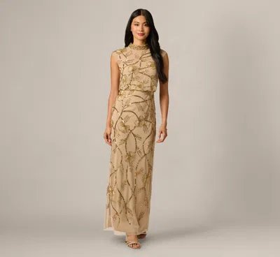 Adrianna Papell Deco Floral Beaded Sequin Collar Blouson Gown In Gold In Brown