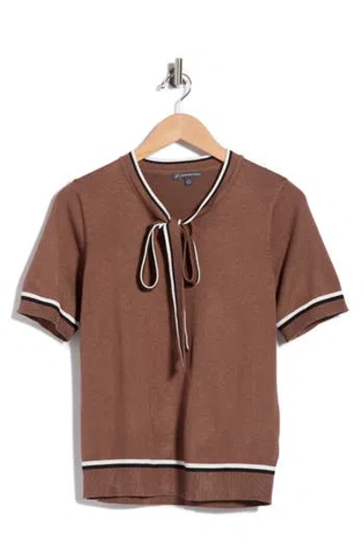 Adrianna Papell Double Tipped Tie Neck Sweater In Brown