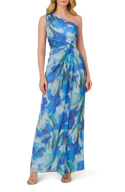 Adrianna Papell Draped One-shoulder Chiffon Cocktail Dress In Blue