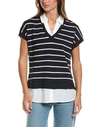 Adrianna Papell Short Sleeve Drop Shoulder Twofer Sweater In Navy Ivory W Ivory In Multi