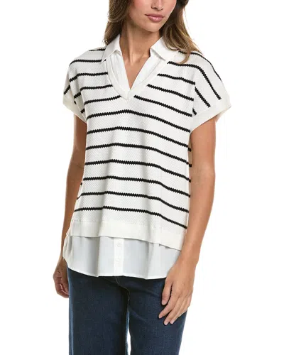 Adrianna Papell Short Sleeve Drop Shoulder Twofer Sweater In Ivory Black W Ivory In Multi