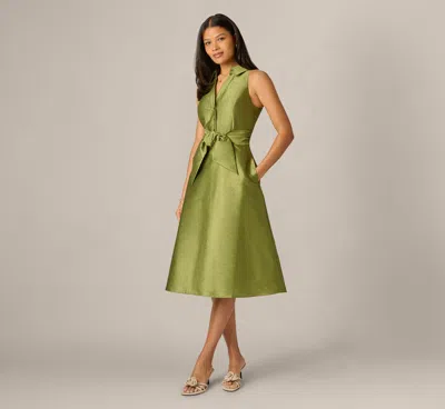 Adrianna Papell Dupioni Collared Tie Front A Line Midi Dress In Olive In Green