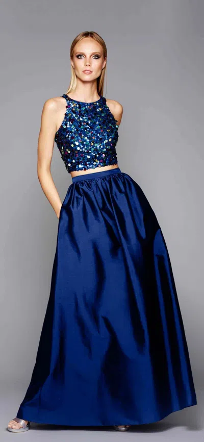 Pre-owned Adrianna Papell Embellished Crop Two-piece Ballgown Twilight Blue Many Sizes